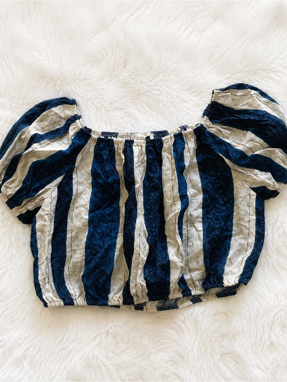 Striped Navy and Cream Off-Shoulder Crop Top size L